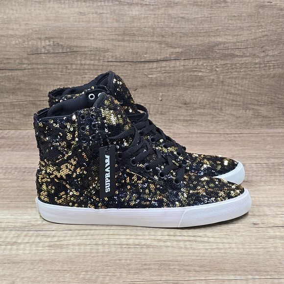 Supra Skytop Women's Sz 8 Metallic Black Gold Sequins High Top Sneakers (SW18013 - Picture 1 of 9